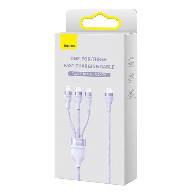 USB kabel 3v1 Baseus Flash Series 2, USB-C + micro USB + Lightning, 100 W, 1,5 m (fialový)