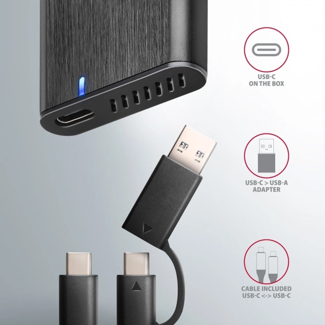 EEM2-SB2 Bezšroubový hliníkový externí kryt USB-C 3.2 Gen 2 - M.2 NVMe / SATA SSD 30-80mm ALU box černý + redukce USB-A - USB-C