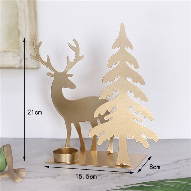 Zlatý dekorativní svícen - jelen s vánočním stromkem