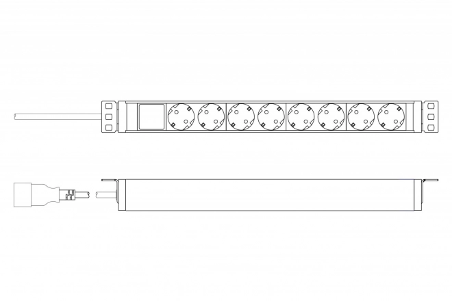 Napájecí lišta PDU 19" rack, 8x zásuvka unischuko 16A/230V s ochrannými kontakty, 1x zástrčka IEC C20, 16A, napájecí kabel 2 m, hliník