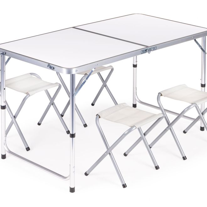 Turistický stůl, skládací stůl, sada 4 židlí Bílá