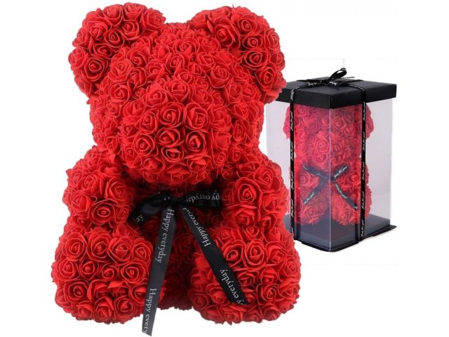 Valentýnský červený medvídek z růží - 25 cm