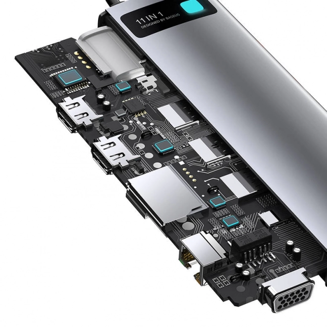 Rozbočovač 11v1 Baseus Metal Gleam Series, USB-C na 3x USB 3.0 + 2x HDMI + USB-C PD + Ethernet RJ45 + microSD/SD + VGA + AUX