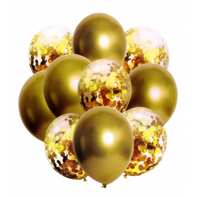 Metalické zlaté balónky s konfetami - 10 kusů