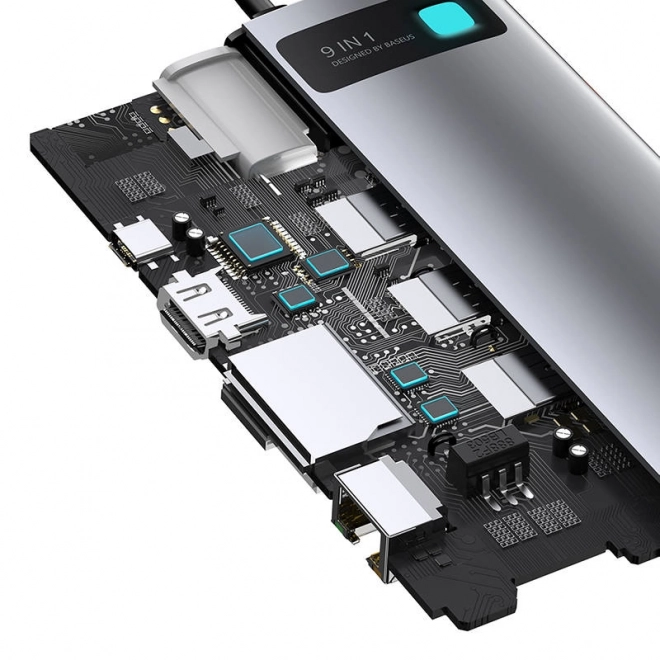 Rozbočovač 9v1 Baseus Metal Gleam Series, USB-C na 3x USB 3.0 + HDMI + USB-C PD + Ethernet RJ45 + microSD/SD + VGA