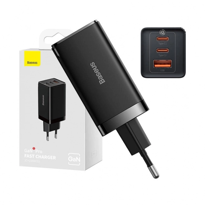 Nástěnná nabíječka Baseus GaN5 Pro 2xUSB-C + USB, 65 W (černá)