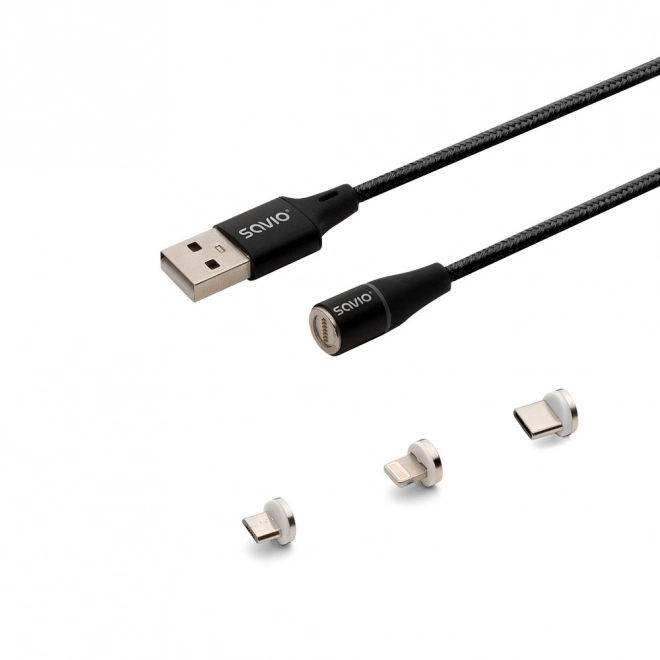 Magnetický kabel USB - USB typ C, Micro a Lightning, černý, 1 m, CL-152