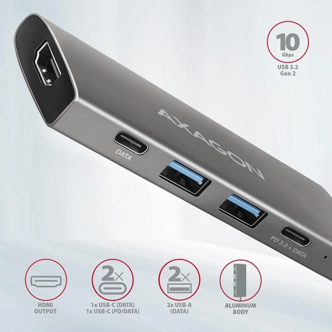 HMC-5G2 Víceportový rozbočovač 2x USB-A + 2x USB-C + HDMI, USB-C 3.2 Gen 2 10Gbps, PD 60W, 13cm kabel USB-C