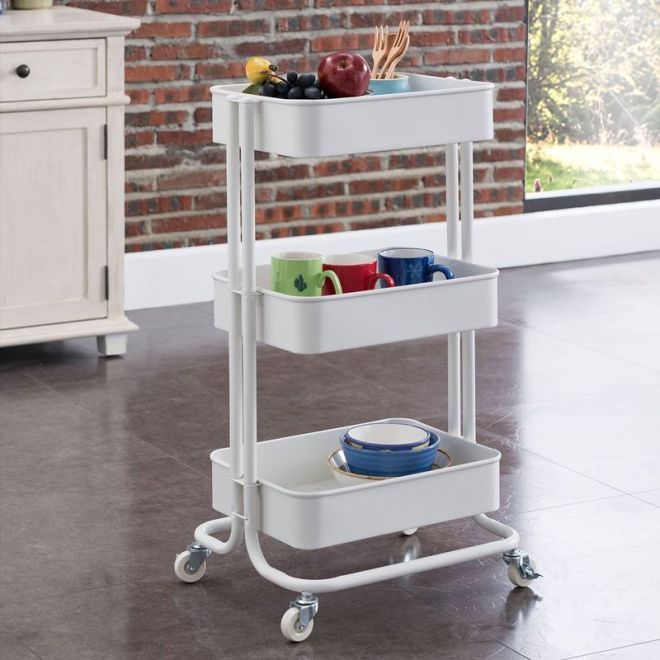 Koupelnový vozík, kuchyňský regál se třemi prostornými policemi - bílý