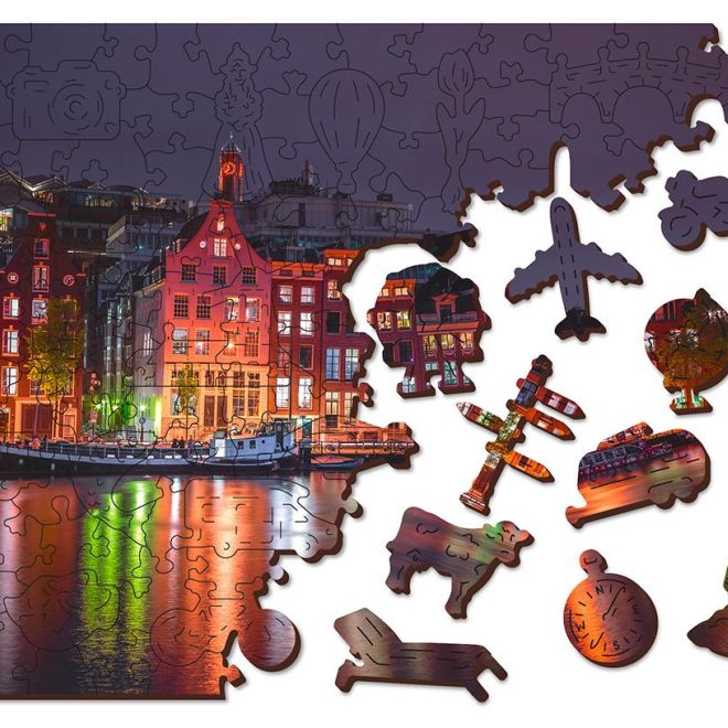 Wooden City Dřevěné puzzle Noční Amsterdam 2v1, 75 dílků EKO