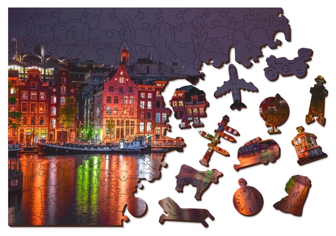 Wooden City Dřevěné puzzle Noční Amsterdam 2v1, 75 dílků EKO