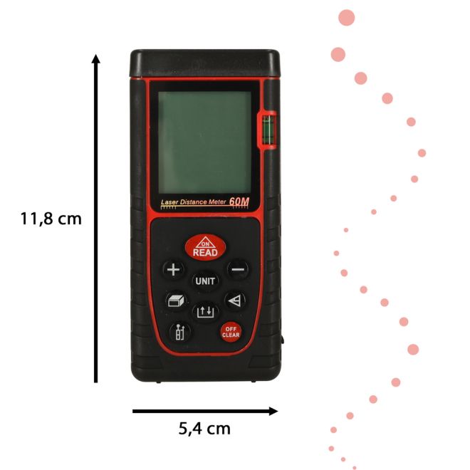 Digitální laserový měřič vzdálenosti vodotěsný IP54 3mm/60m pouzdro napájené baterií