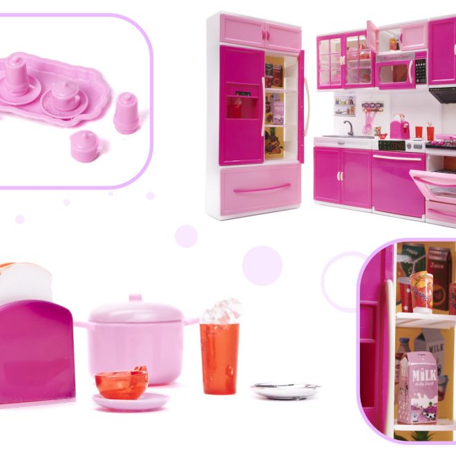 Velká růžová kuchyňka s lednicí a příslušenstvím pro panenky