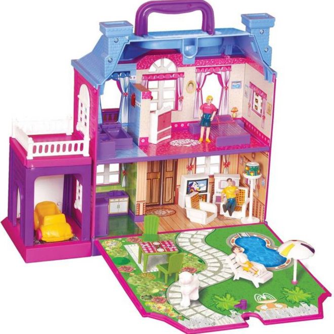 Plastový fialový domeček pro panenky s příslušenstvím
