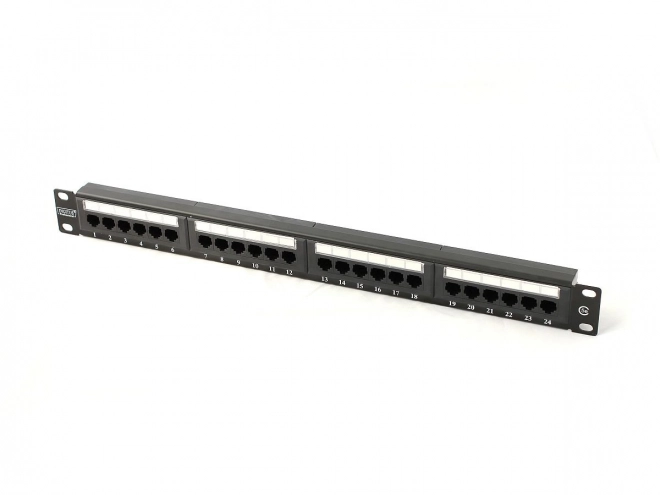 Patch panel 19" 24 portů, cat.5e, U/UTP, 1U, černý (kompletní)