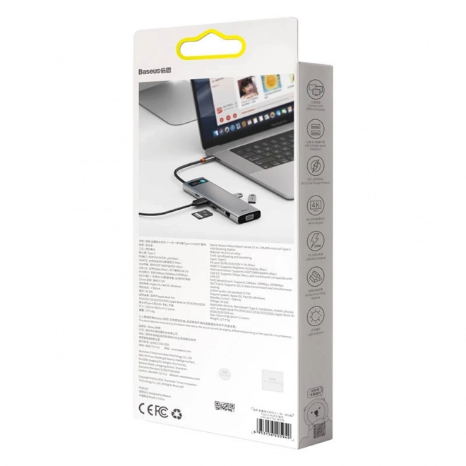 Rozbočovač 11v1 Baseus Metal Gleam Series, USB-C na 3x USB 3.0 + 2x HDMI + USB-C PD + Ethernet RJ45 + microSD/SD + VGA + AUX