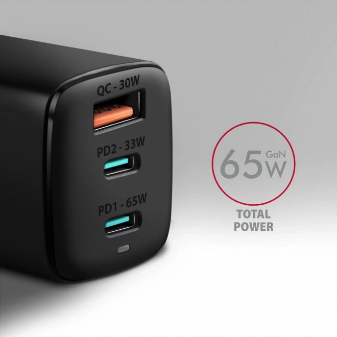 ACU-DPQ65 síťová nabíječka, GaN 65W, 3x port (USB-A + duální USB-C), PD3.0/QC4+/PPS/Apple, černá