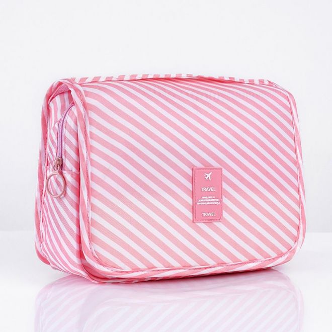 Závěsná cestovní kosmetická taška - růžová s proužky