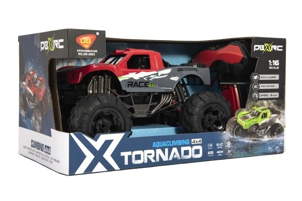 Auto RC terénní 4x4 červené plast 29cm 2,4GHz na baterie + dobíjecí pack v krabici 40x20x22cm