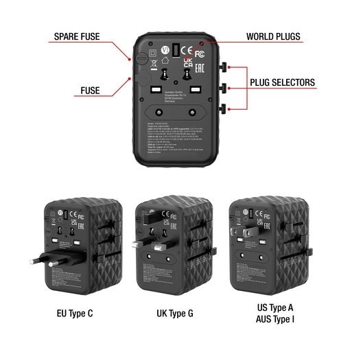 Cestovní adaptér UTA-05 32120 GaN 65W 180 country charger, 2x USB-C, 2x USB-A, PD 65W, QC 4+