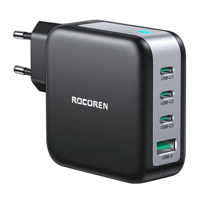 Nástěnná nabíječka GaN Rocoren 3x USB-C, 1x USB, Power Delivery 3.0, 100W (černá)