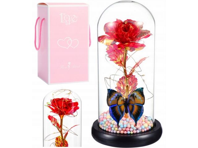 Valentýnská svítící růže s motýlkem ve skle
