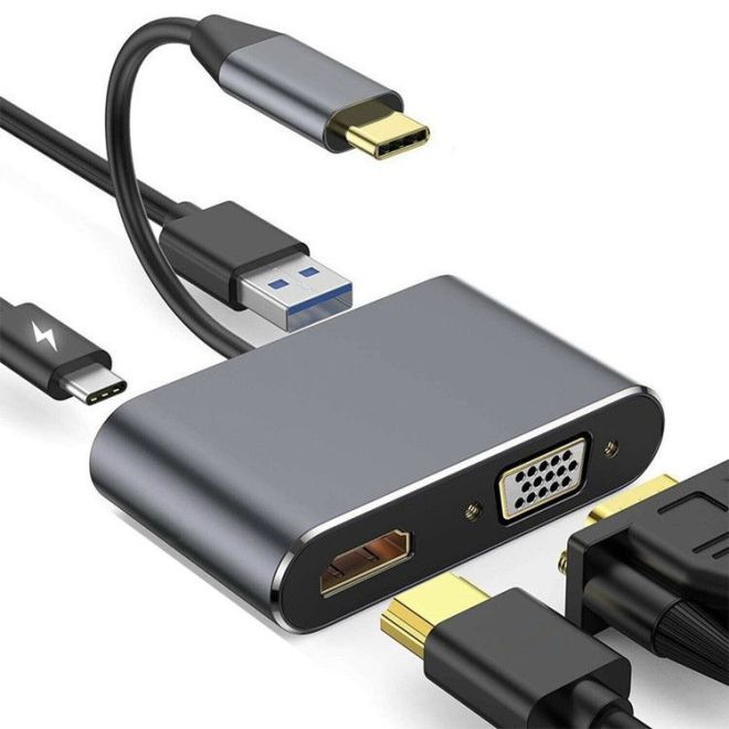 Hliníkový adaptér HUB 4v1 USB-C na 4K HDMI, VGA, USB 3.0, PD USB-C