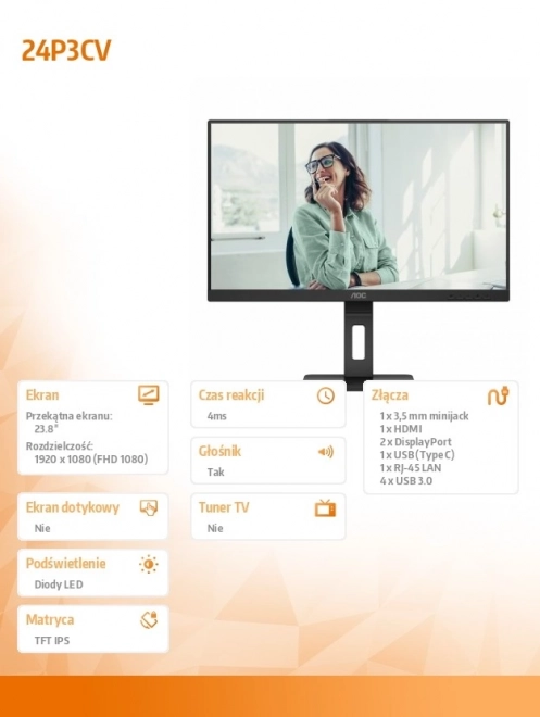 Monitor 24P3CV 23,8" IPS HDMI DP USB-C Pivot