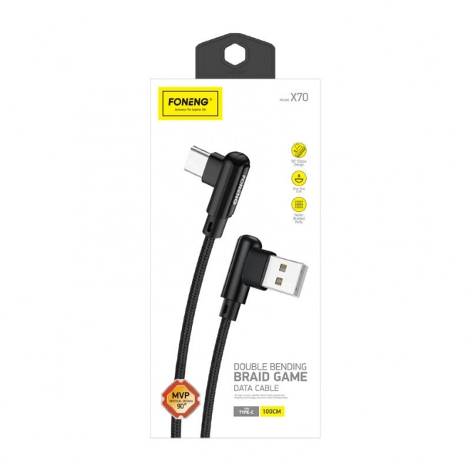 Foneng X70 Úhlový kabel USB na USB-C, 3A, 1 m (černý)