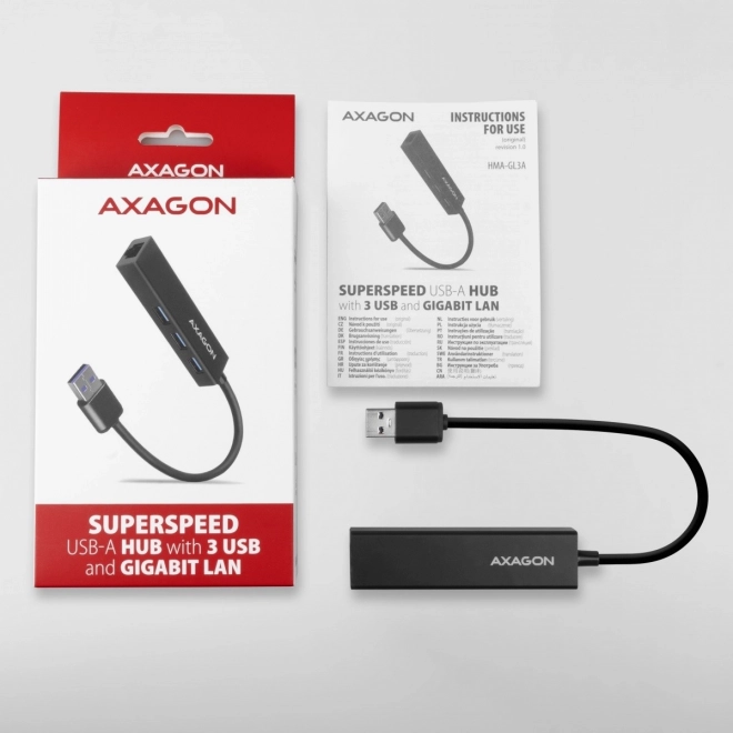 HMA-GL3A Víceportový rozbočovač 3x USB-A + GLAN, USB3.2 Gen 1, kov, 20cm kabel USB-A