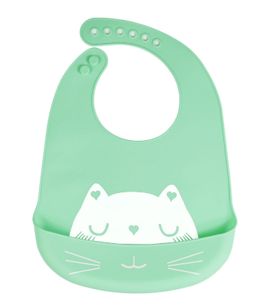Dětský silikonový bryndák s kapsou - zelený, kočka