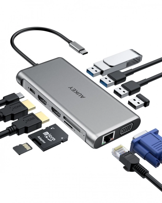 CB-C78 hliníkový USB-C HUB | 12v1 | RJ45 Ethernet 10/100/1000Mbps | 2xUSB 3.1 | 2xUSB 2.0 | 2xHDMI 4k@30Hz | VGA | SD a microSD | USB-C