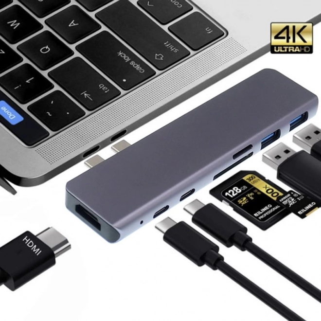 Adaptér 7v1 HUB USB-C HDMI 4K SD pro MacBook Pro / Air - Šedý