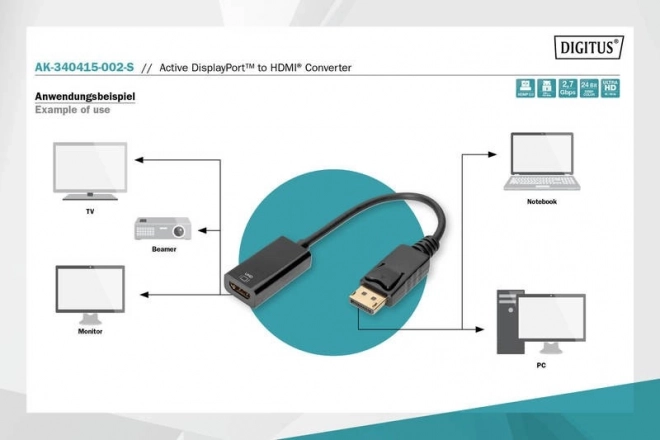 Adaptační kabel DisplayPort s klipem 1080p 60Hz FHD Typ DP/HDMI A M/Z 0,2 m černý