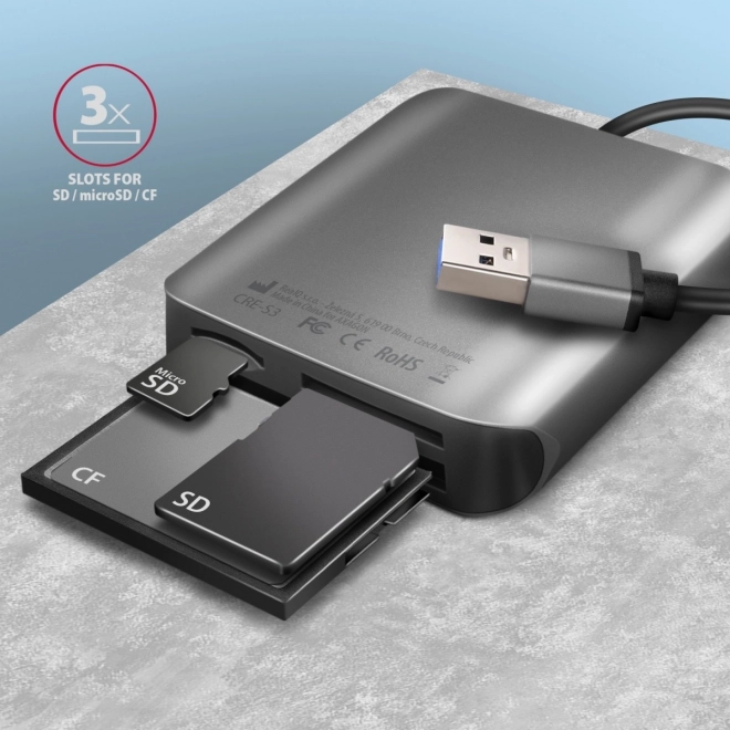 CRE-S3 Externí čtečka paměťových karet USB-A 3. 2 GEN 1, 3 sloty pro SD/microSD/CF, podpora UHS-II