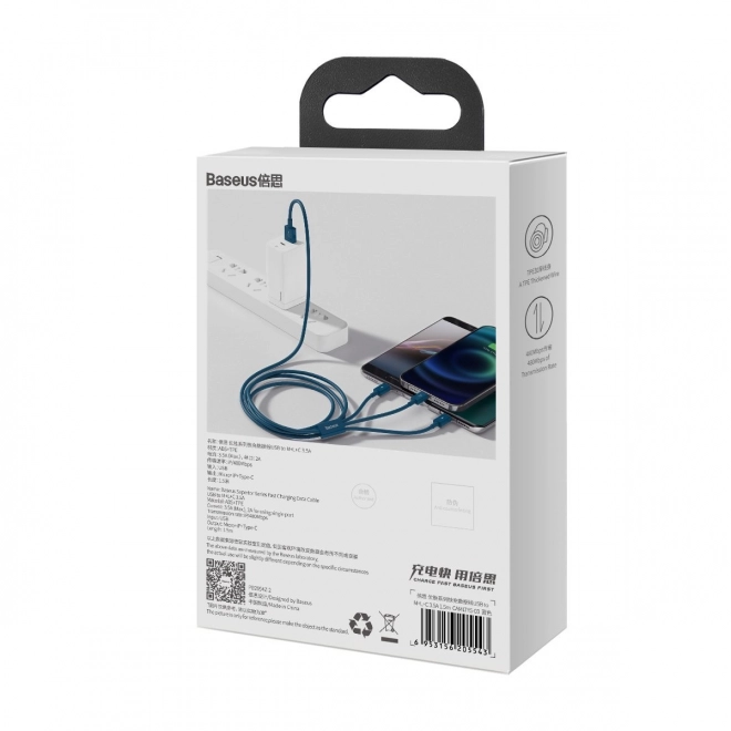 Kabel USB 3v1 Baseus Superior Series, USB na micro USB / USB-C / Lightning, 3,5 A, 1,5 m (modrý)