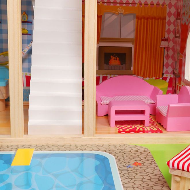 Dřevěný domeček pro panenky, nábytek, bazén + osvětlení ECOTOYS