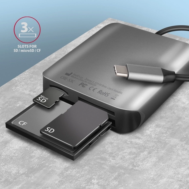 Externí čtečka karet CRE-S3C USB-C 3.2 GEN 1, 3 sloty a lun SD/microSD/CF, podpora UHS-II