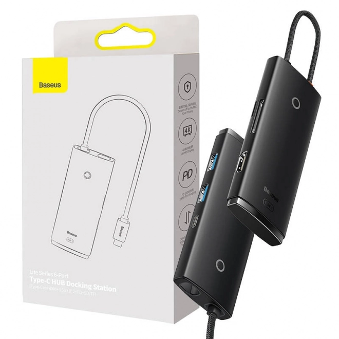 Rozbočovač 6w1 Baseus Lite Series USB-C na 2x USB 3.0 + USB-C PD + HDMI + SD/TF (černý)