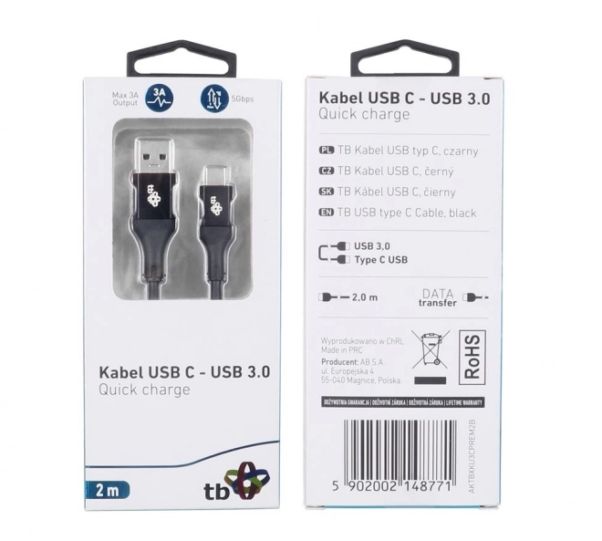 Kabel USB 3.0 - USB C 2m PREMIUM 3A černý TPE