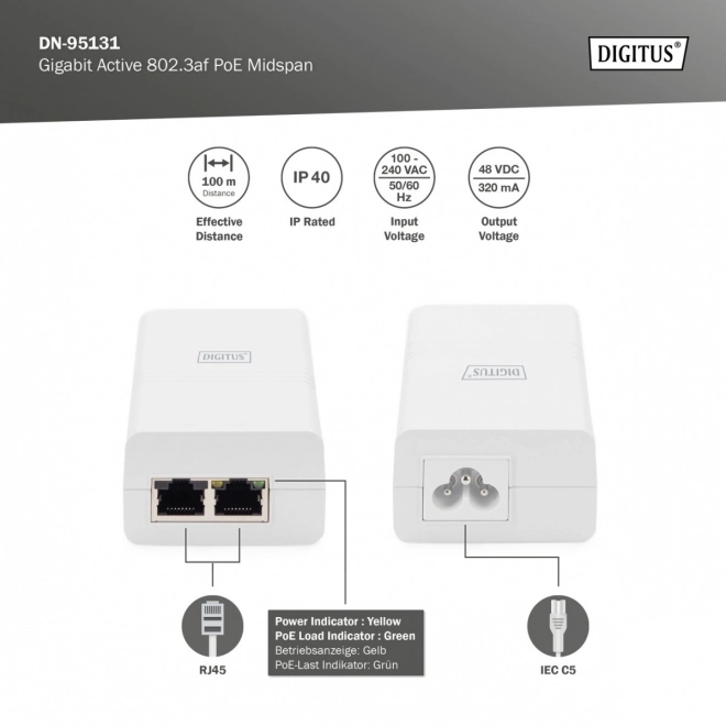 Napájecí zdroj/adaptér 802.3af PoE, max. 48 V 15,4 W Gigabit 10/100/1000 Mb/s, aktivní, bílý