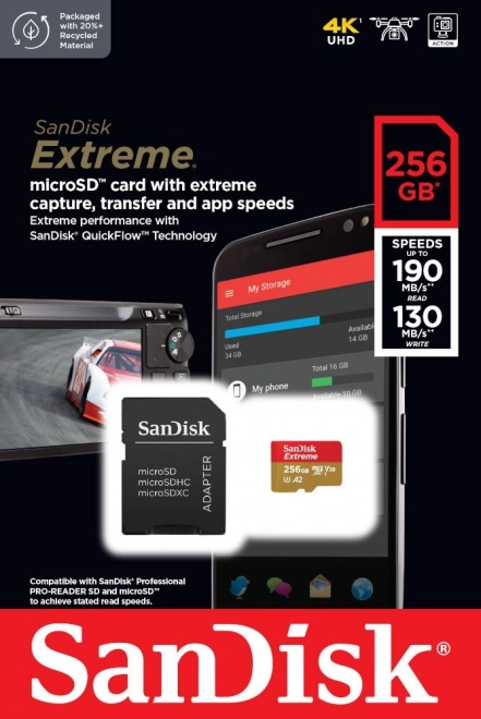 Paměťová karta SANDISK EXTREME microSDXC 256 GB 190/130 MB/s UHS-I U3 (SDSQXAV-256G-GN6MA)