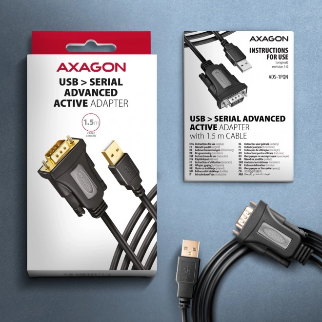 ADS-1PQN Adaptér USB 2.0 > sériový port RS-232, 1,5m kabel, čip FTDI