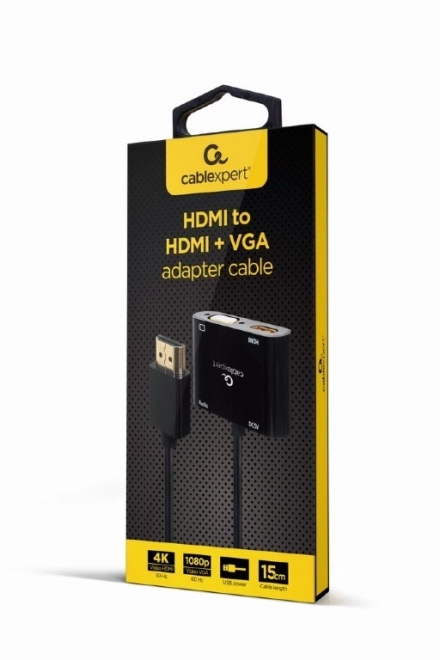 Adaptér HDMI samec na HDMI samice + VGA samice se zvukem a pomocným napájecím portem