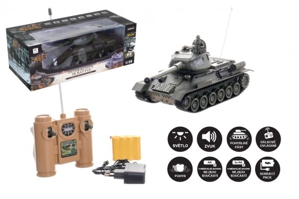 Tank RC plast 33cm T-34/85 na baterie+dobíjecí pack 27MHz se zvukem a světlem v krabici 40x15x19cm