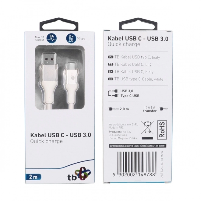 Kabel USB 3.0 - USB C 2m PREMIUM 3A bílý TPE