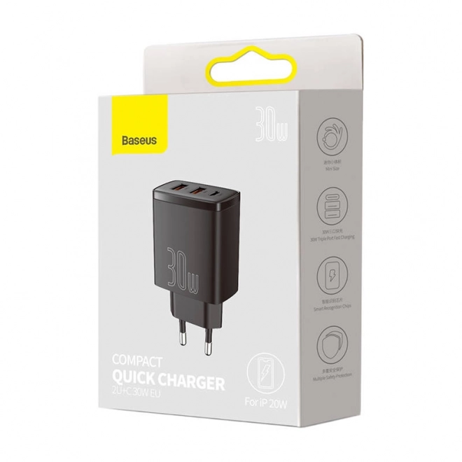 Nabíječka Baseus Compact Quick Charger, 2xUSB, USB-C, PD, 3A, 30W (czarna)