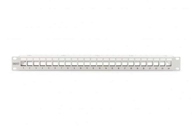 Modulární patch panel 19" 24 portů pro keystone moduly, 1U, stíněný, vedení kabelů, popisovací pole, šedý