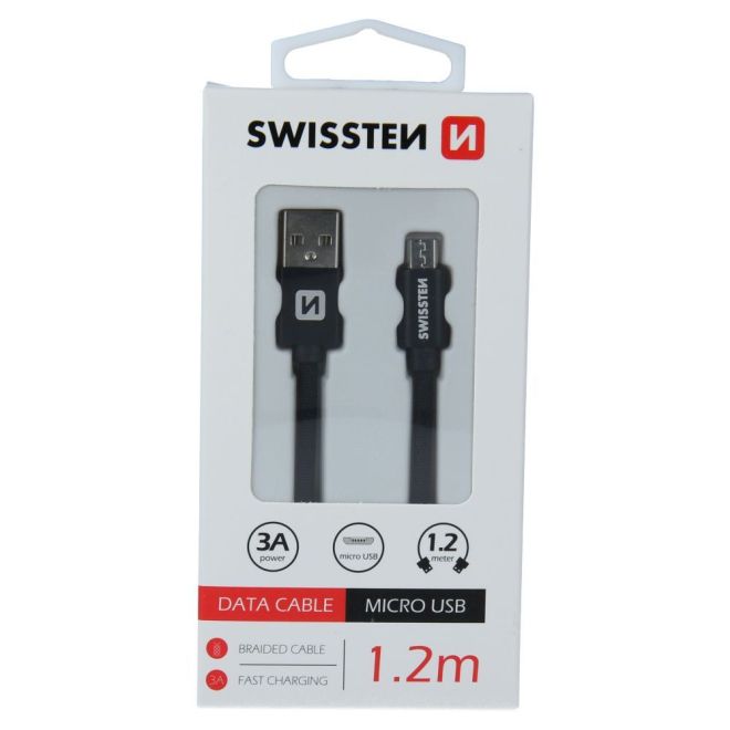 Kabel / Opletený kabel USB / Micro USB 1,2 m Swissten - černý