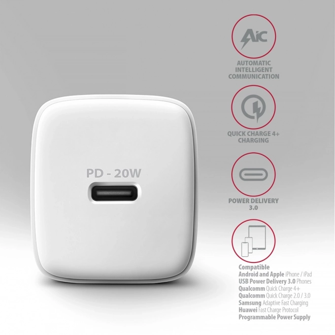 ACU-PD20W PD 20W síťová nabíječka, 1x port USB-C, PD3.0/QC3.0/AFC/FCP/Apple White